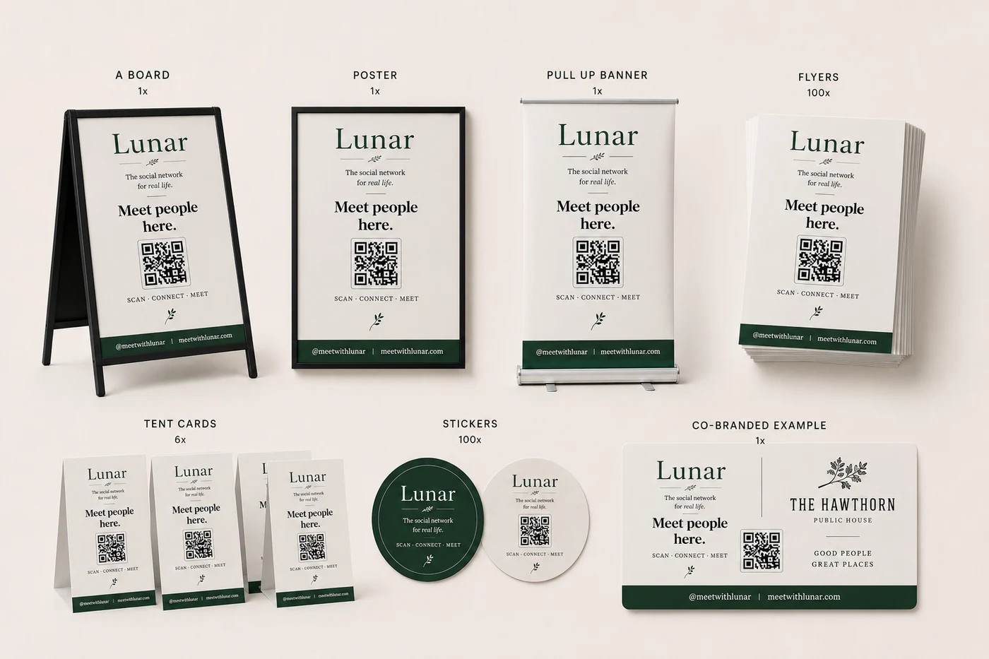 Lunar bespoke bundle with A-board, poster, pull-up banner, tent cards, flyers, stickers and co-branded example