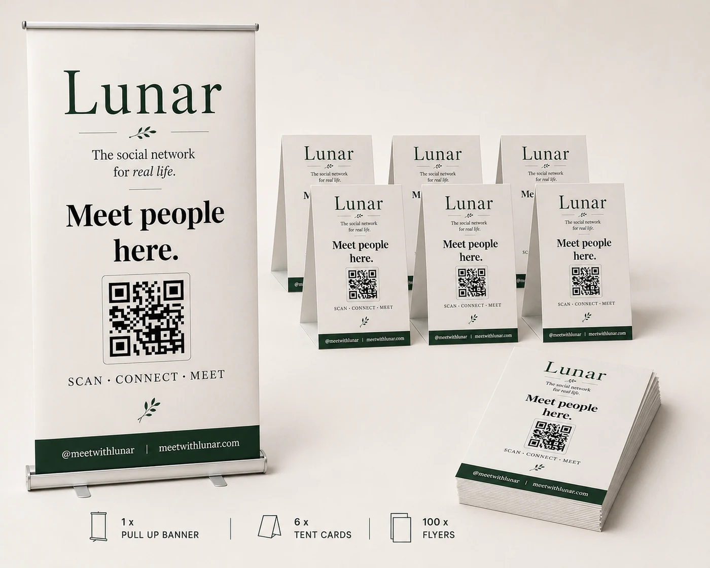Lunar networking venue bundle with pull-up banner, tent cards and flyers