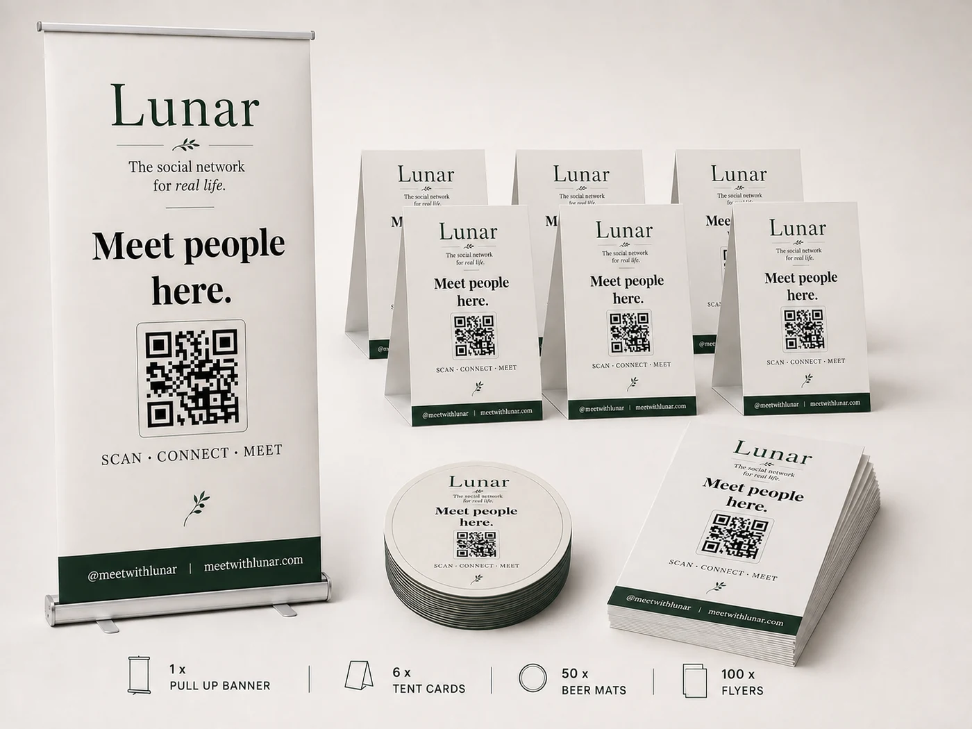 Lunar pub and bar bundle with pull-up banner, tent cards, beer mats and flyers
