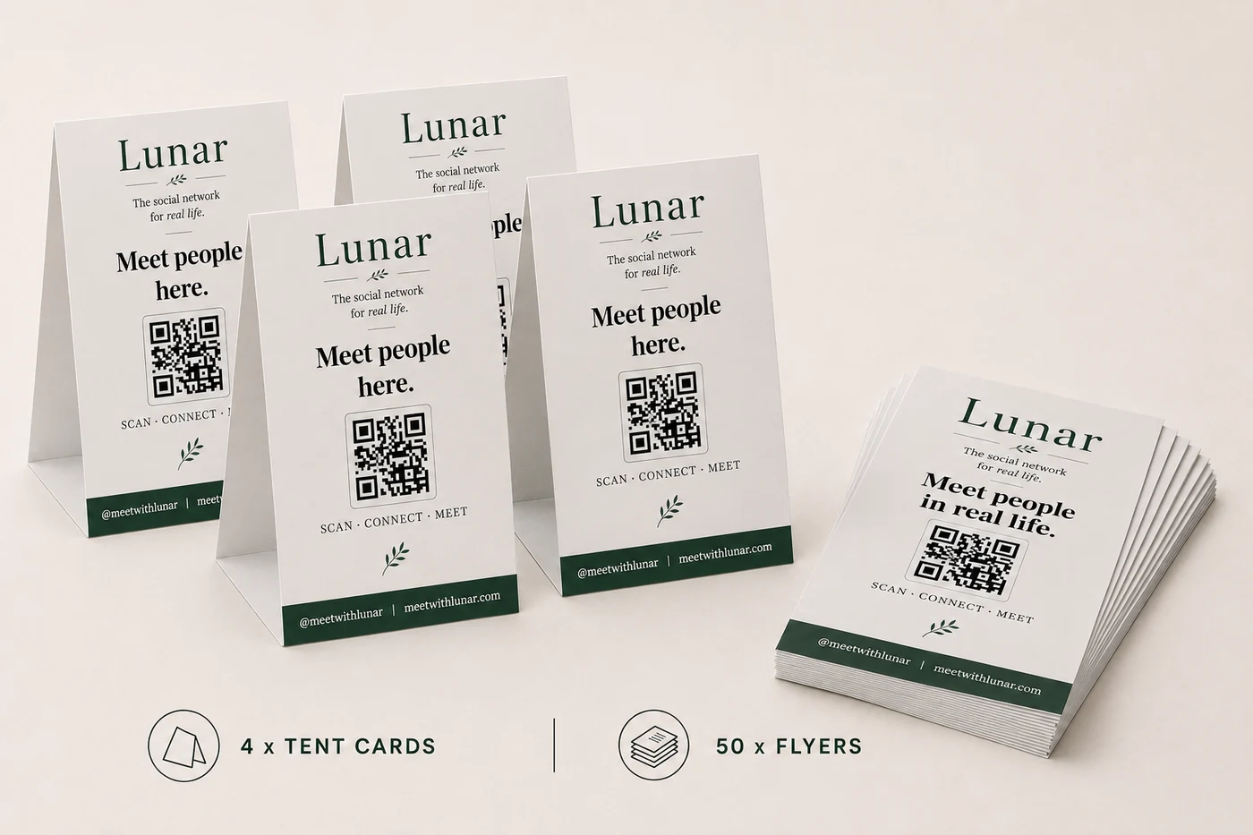 Lunar starter bundle with four tent cards and fifty flyers