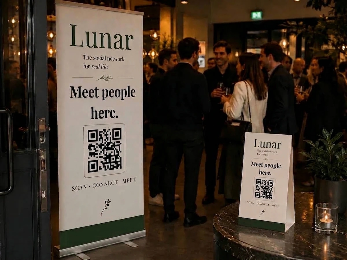 Illustrative Lunar branding at an after-work networking event